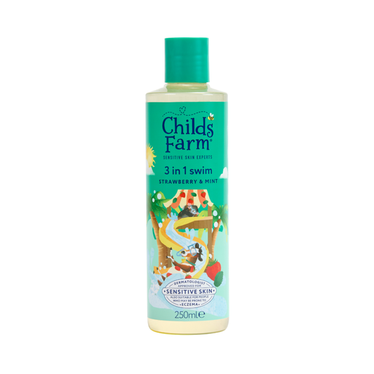 Childs Farm 3v1 Sprchovací gél, šampón a kondicionér po plávaní jahoda a mäta, 250 ml